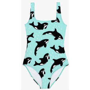 BATOKO Orca Print One Piece Swimsuit in Light Blue Whimsical Summer Stretch XS